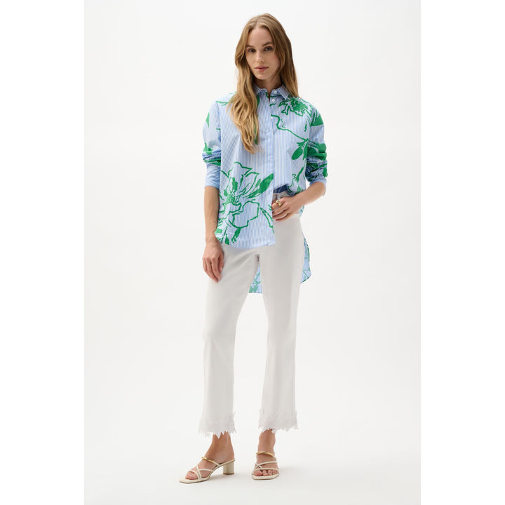 Cotton Stripe Floral Print Boxy Blouse