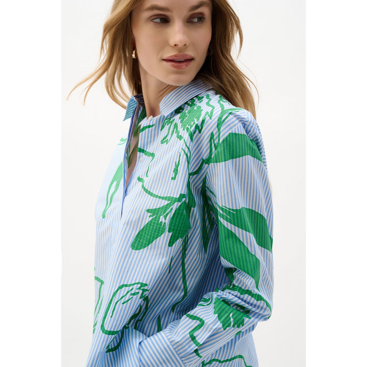 Cotton Stripe Floral Print Boxy Blouse