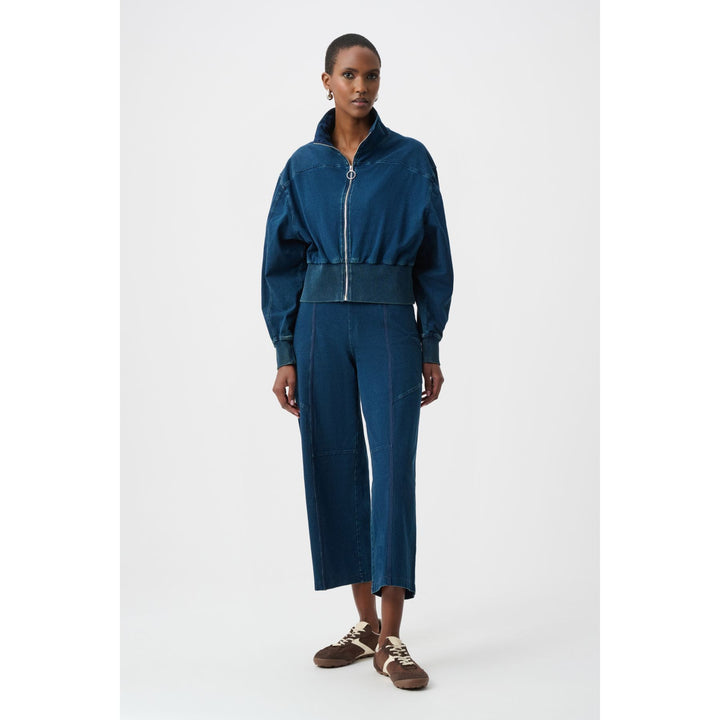 Knit Denim Funnel-Neck Bomber Jacket