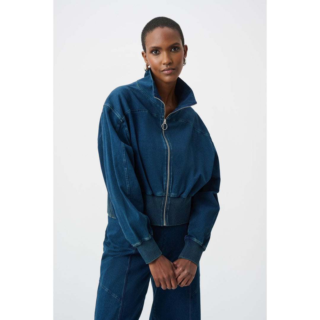 Knit Denim Funnel-Neck Bomber Jacket