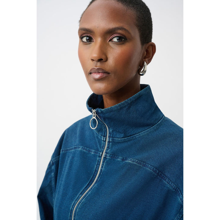 Knit Denim Funnel-Neck Bomber Jacket