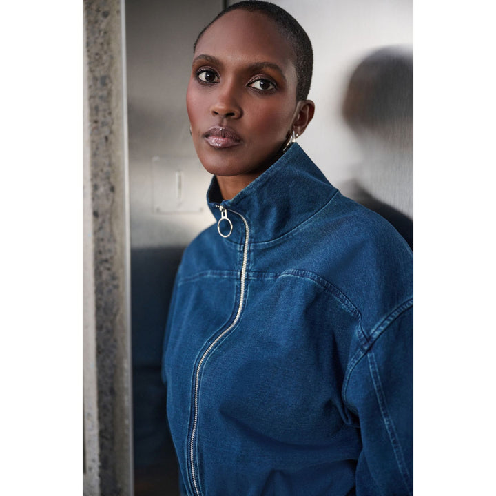 Knit Denim Funnel-Neck Bomber Jacket