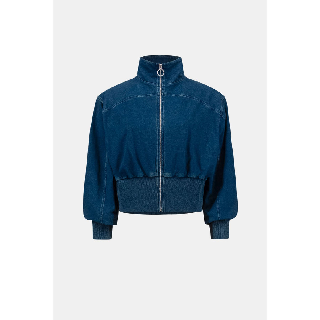 Knit Denim Funnel-Neck Bomber Jacket