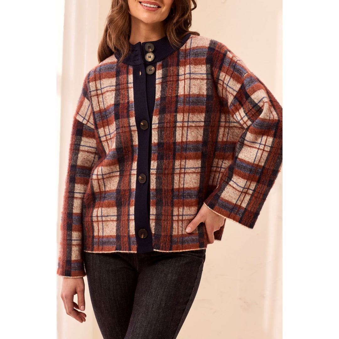 Eyelash Knit Plaid Button-Front Mock Neck Sweater Cardigan