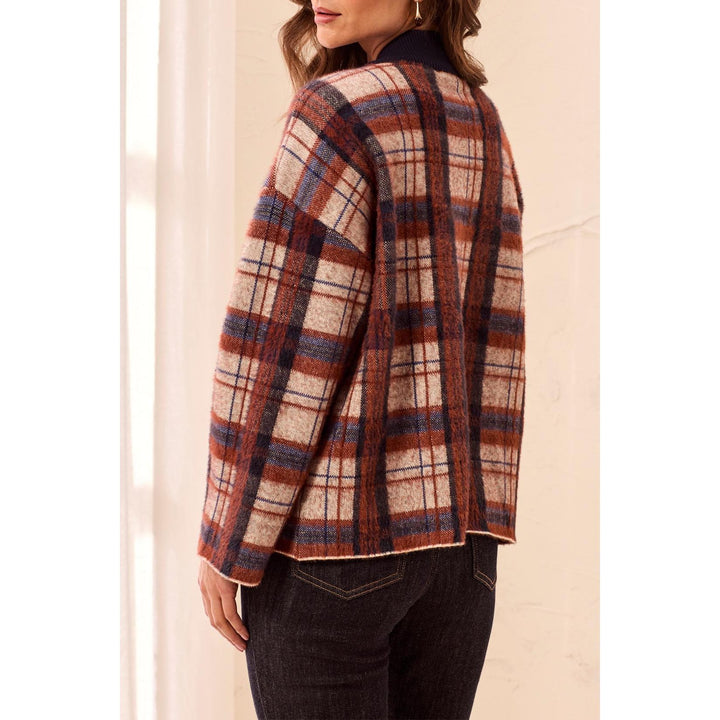 Eyelash Knit Plaid Button-Front Mock Neck Sweater Cardigan