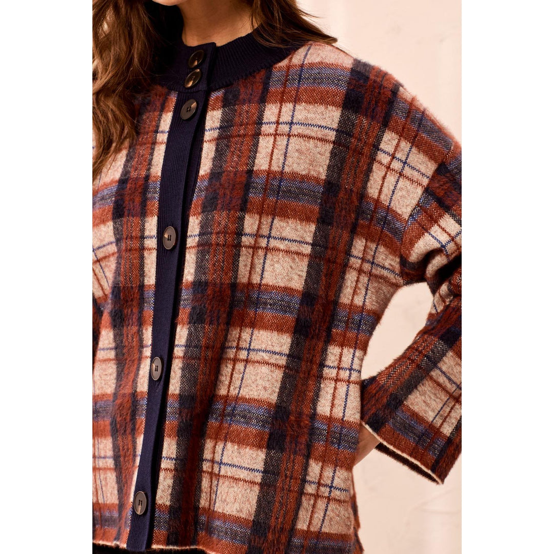 Eyelash Knit Plaid Button-Front Mock Neck Sweater Cardigan