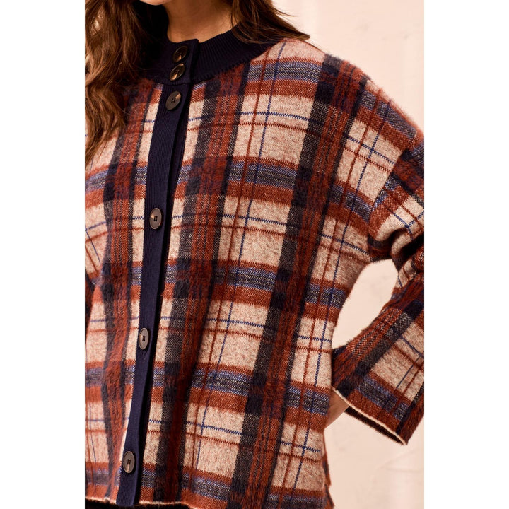 Eyelash Knit Plaid Button-Front Mock Neck Sweater Cardigan