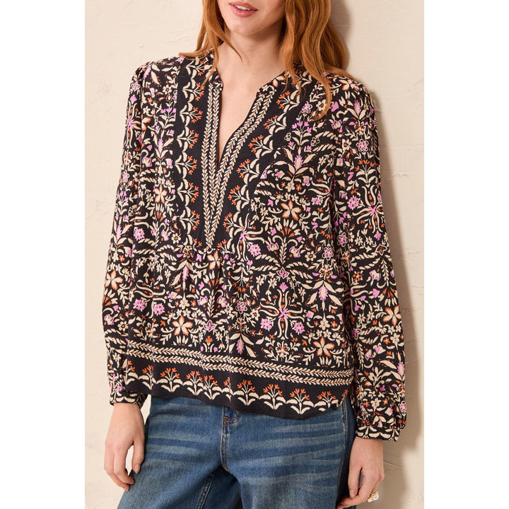 Jacquard Notch Neck Long Sleeve Empire Waist Blouse