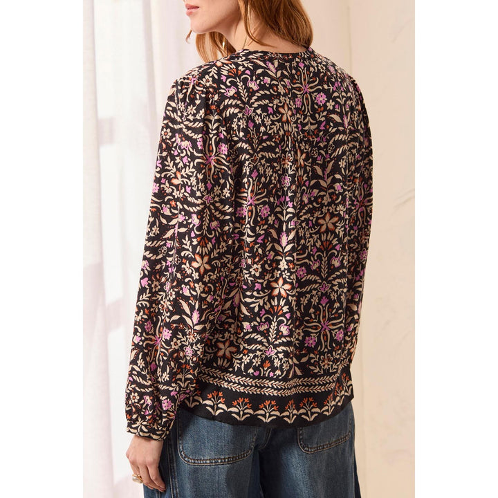 Jacquard Notch Neck Long Sleeve Empire Waist Blouse