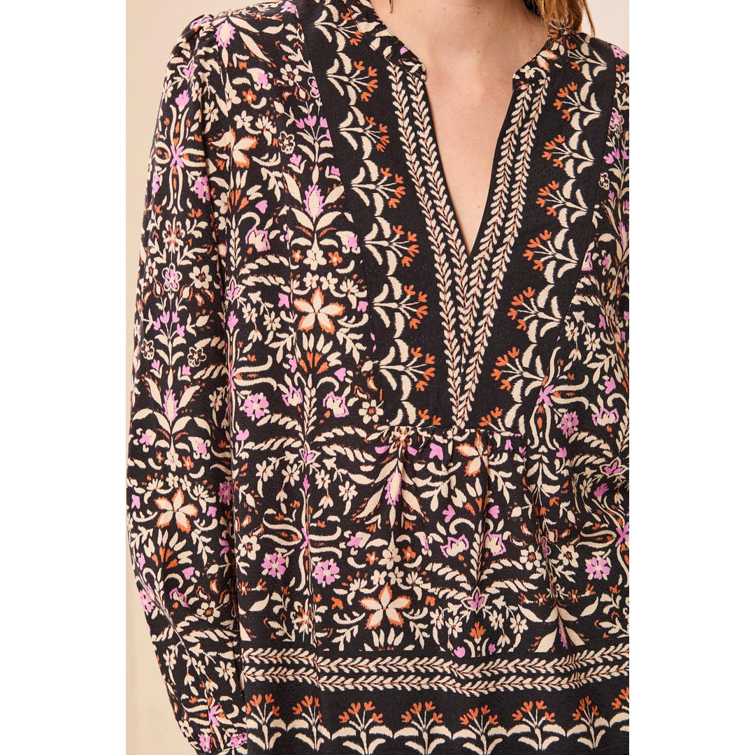 Jacquard Notch Neck Long Sleeve Empire Waist Blouse