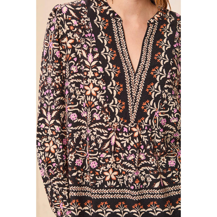 Jacquard Notch Neck Long Sleeve Empire Waist Blouse