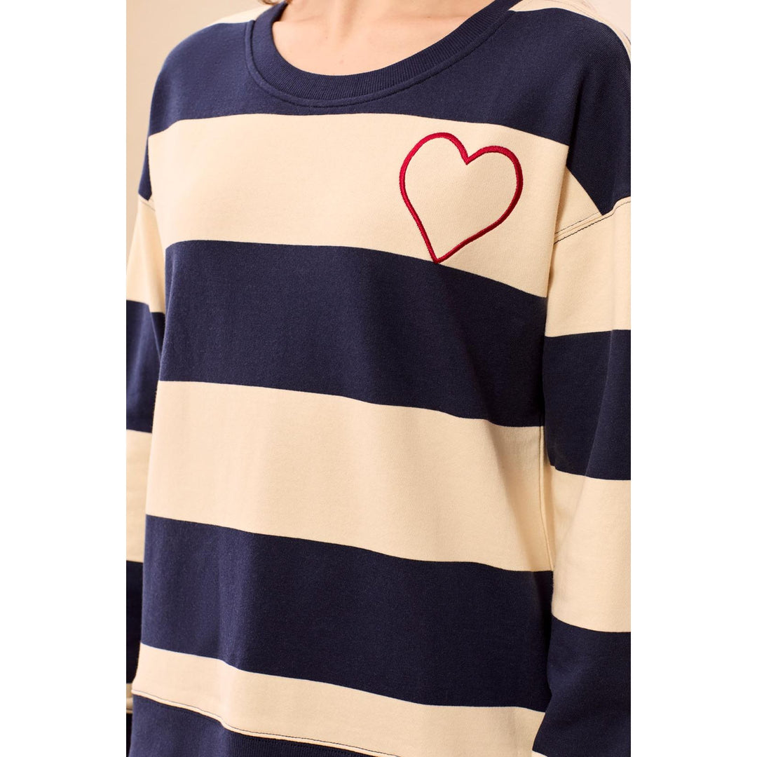 Embroidered Heart Drop Shoulder Cotton Pullover