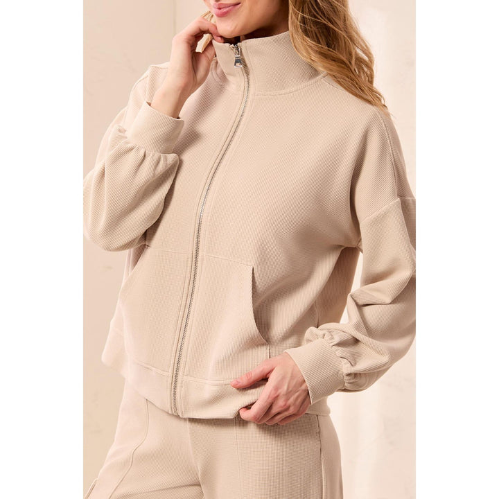 Waffle Knit Drop Shoulder Puff Sleeve Zip-Up Cardigan