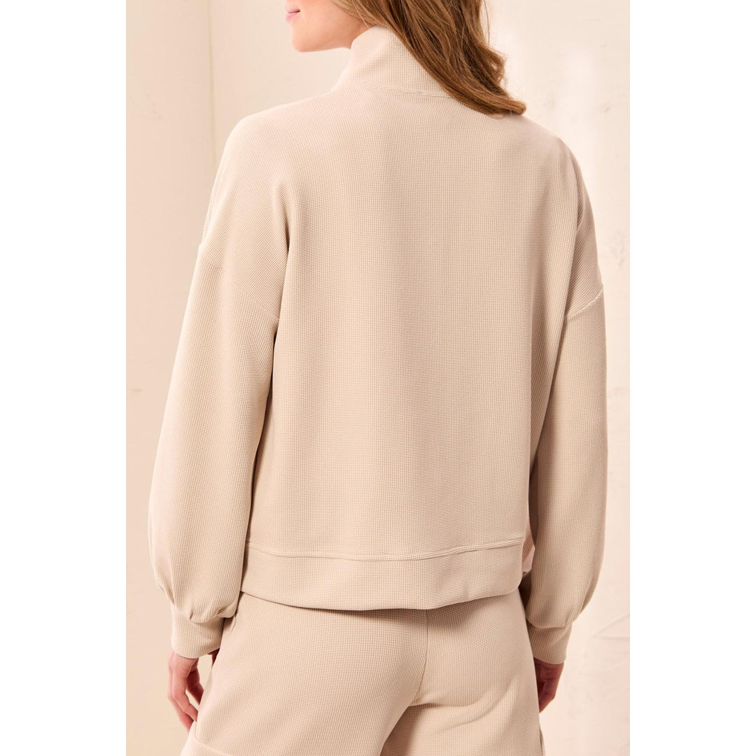 Waffle Knit Drop Shoulder Puff Sleeve Zip-Up Cardigan