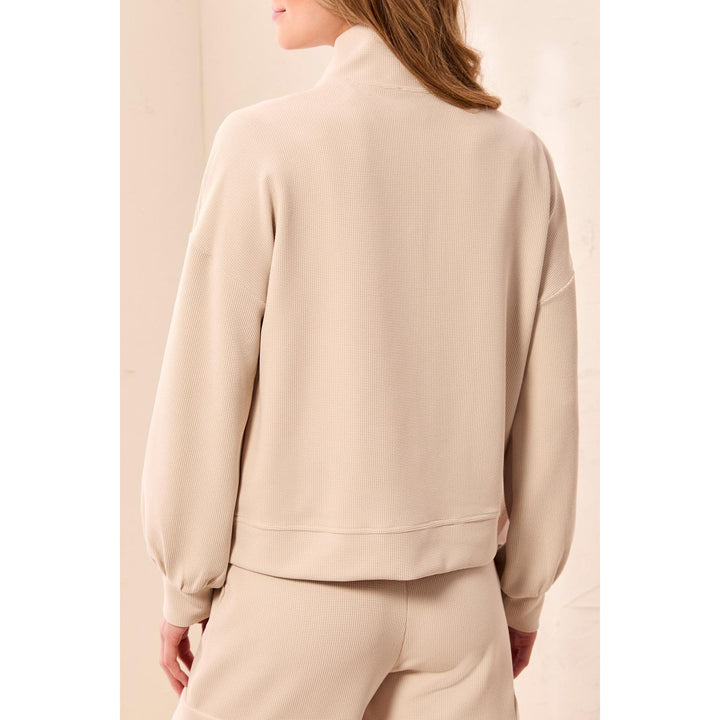 Waffle Knit Drop Shoulder Puff Sleeve Zip-Up Cardigan