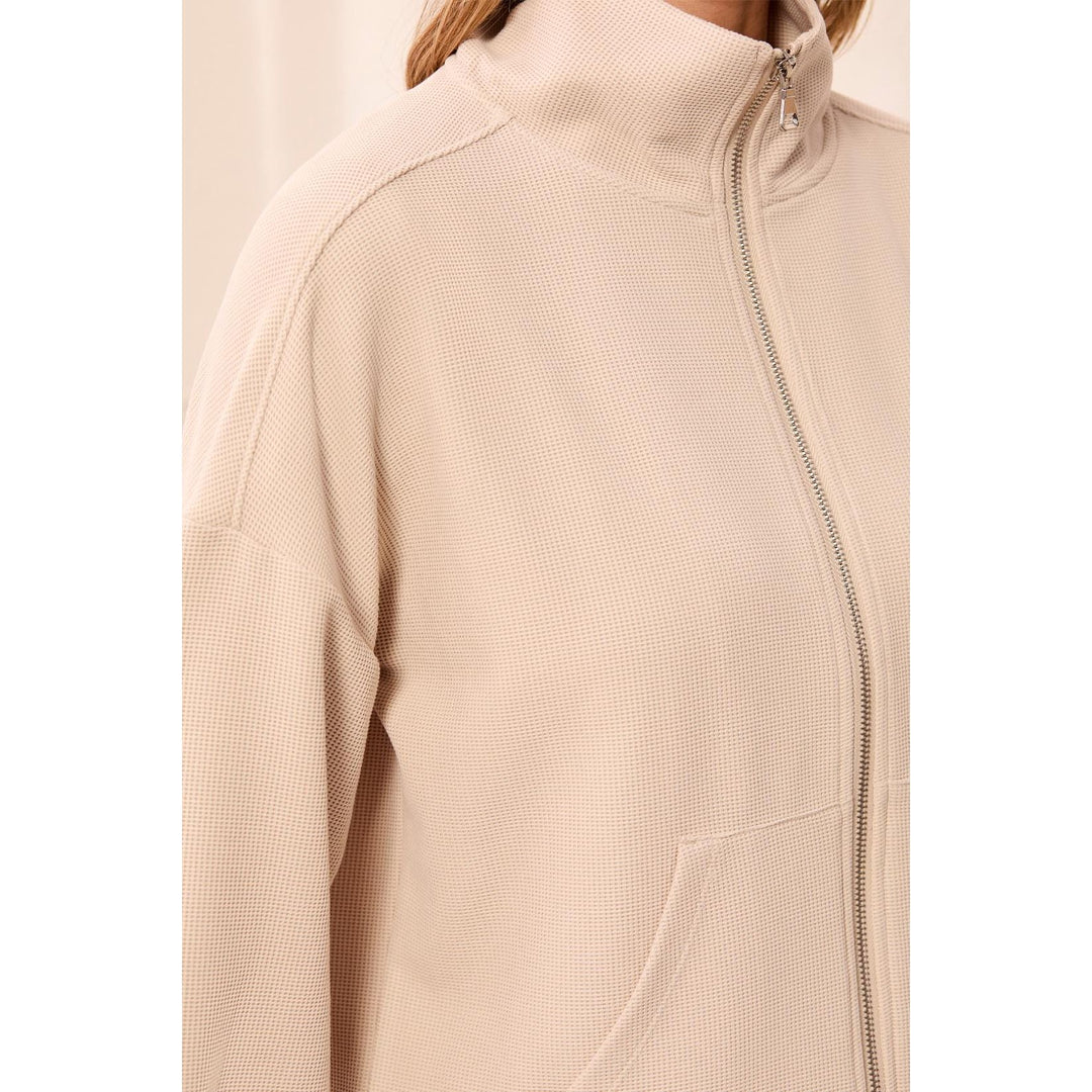 Waffle Knit Drop Shoulder Puff Sleeve Zip-Up Cardigan