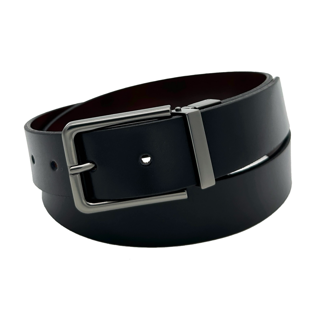 A black leather belt with a polished silver-tone metal buckle, shown coiled on a plain white background.