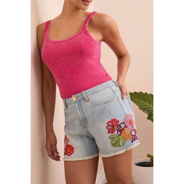 Audrey Mid-Rise Embroidered Jean Shorts