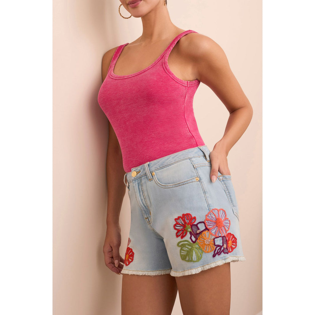 Audrey Mid-Rise Embroidered Jean Shorts