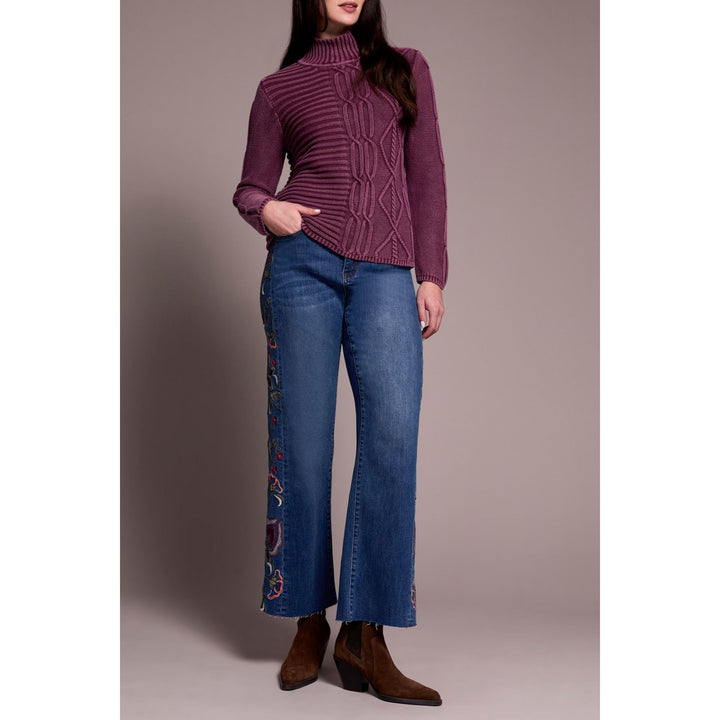 Vintage Washed Cable Knit Mock Neck Sweater