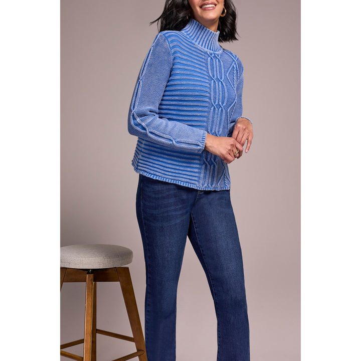 Vintage Washed Cable Knit Mock Neck Sweater