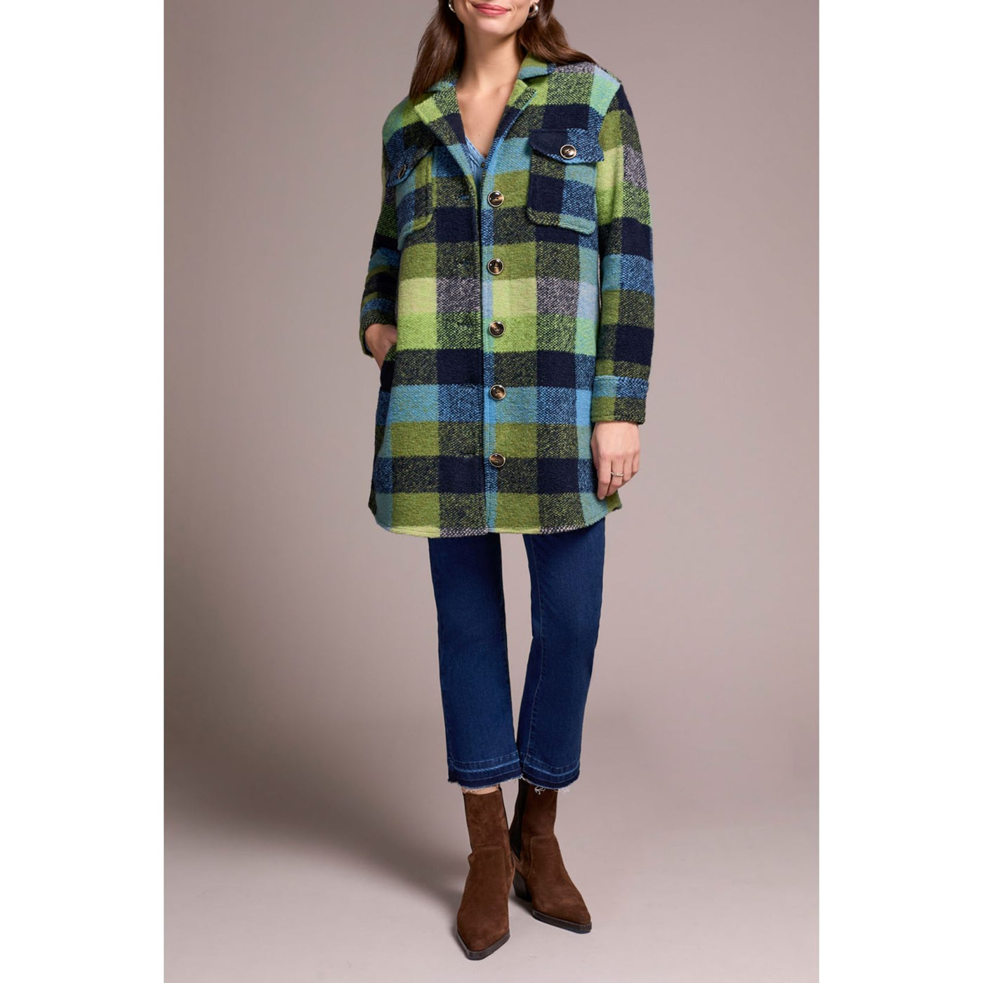 Knit Plaid Notch Collar Shacket