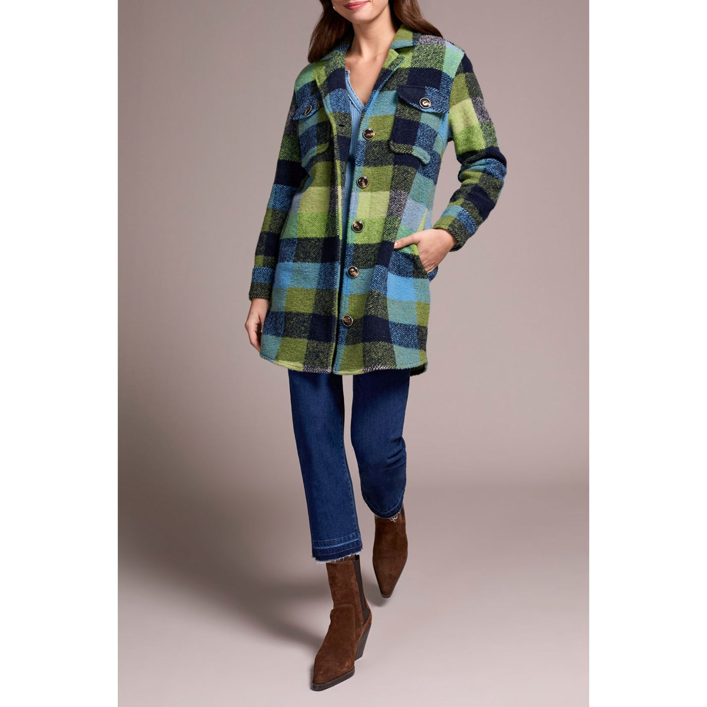 Knit Plaid Notch Collar Shacket