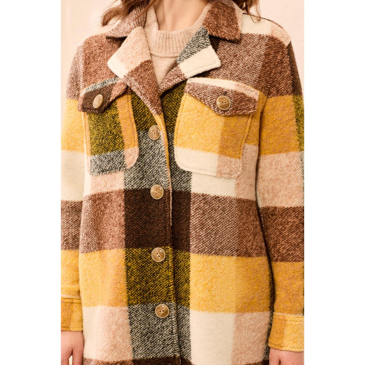 Knit Plaid Notch Collar Shacket