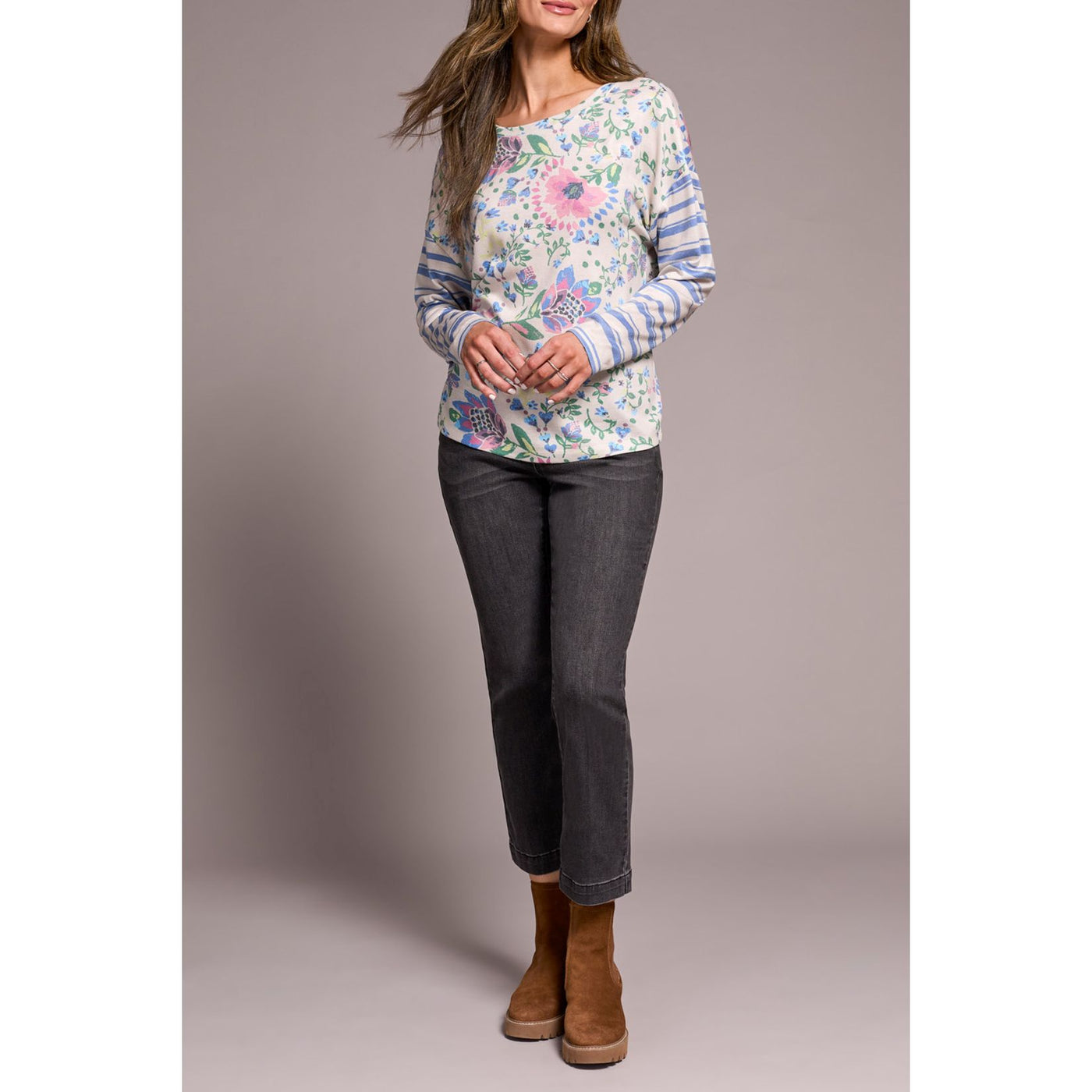 Fuzzy Soft Crew Neck Combo Print Knit Top