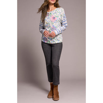 Fuzzy Soft Crew Neck Combo Print Knit Top