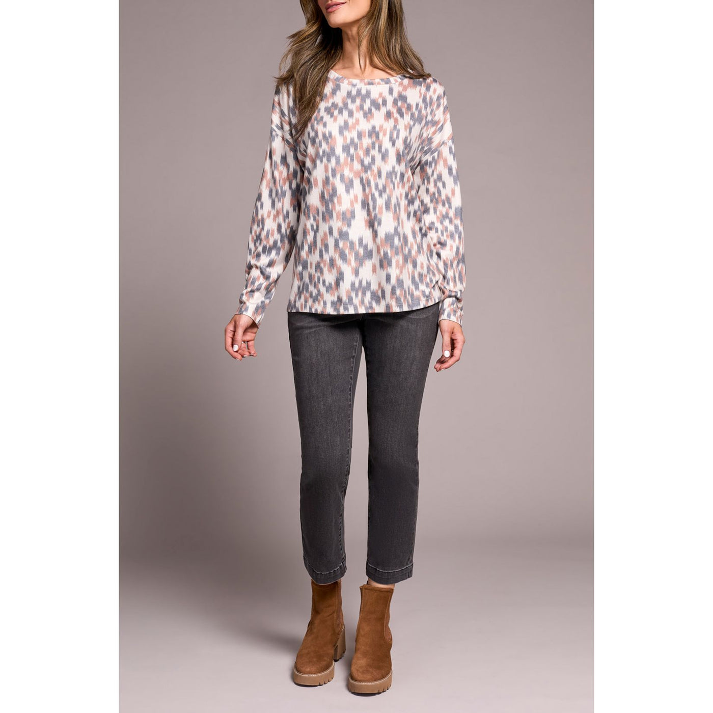 Fuzzy Soft Crew Neck Combo Print Knit Top