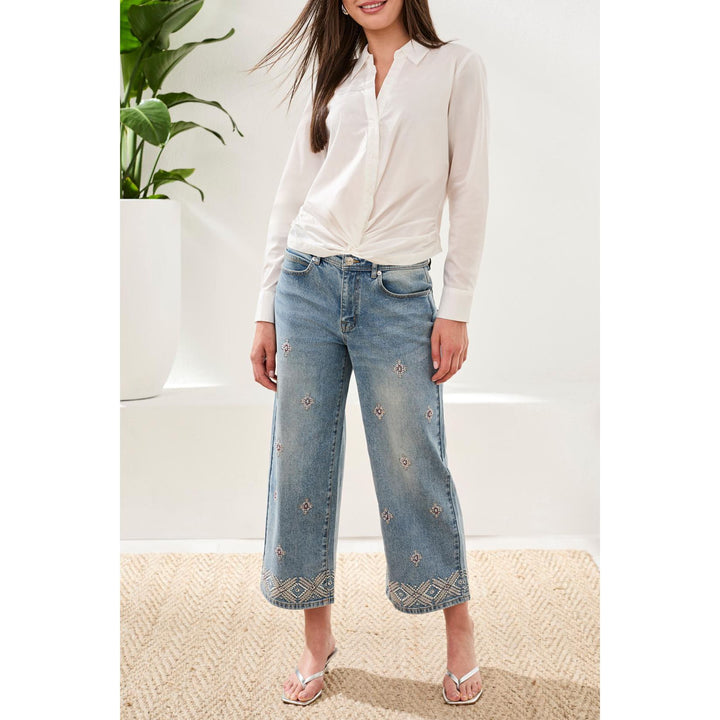 Audrey Hugging Wide Leg Denim With Embroidered Finish