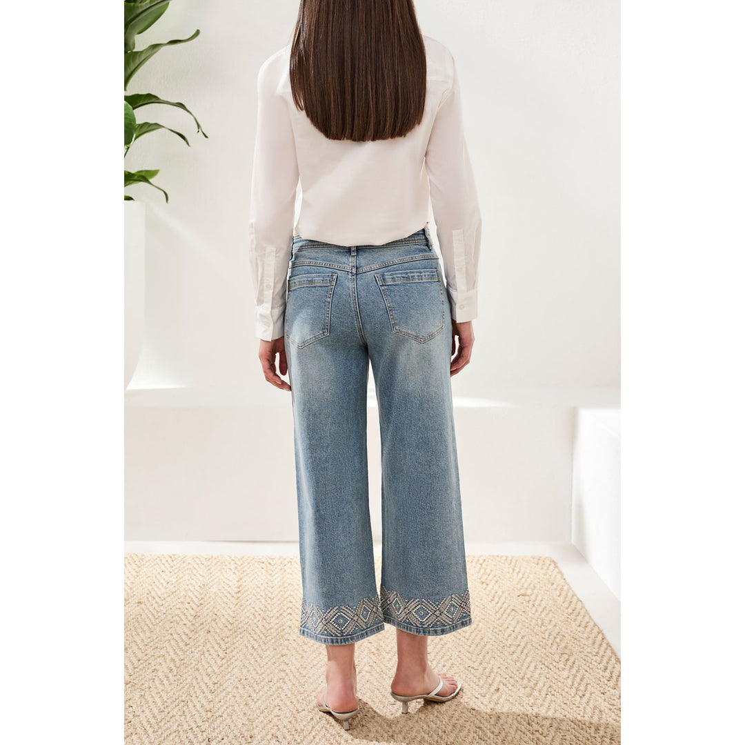Audrey Hugging Wide Leg Denim With Embroidered Finish