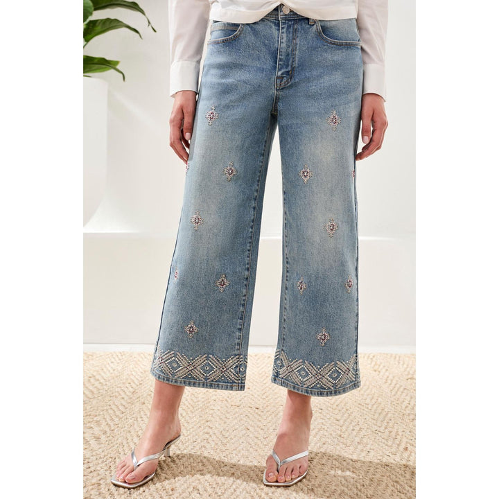 Audrey Hugging Wide Leg Denim With Embroidered Finish