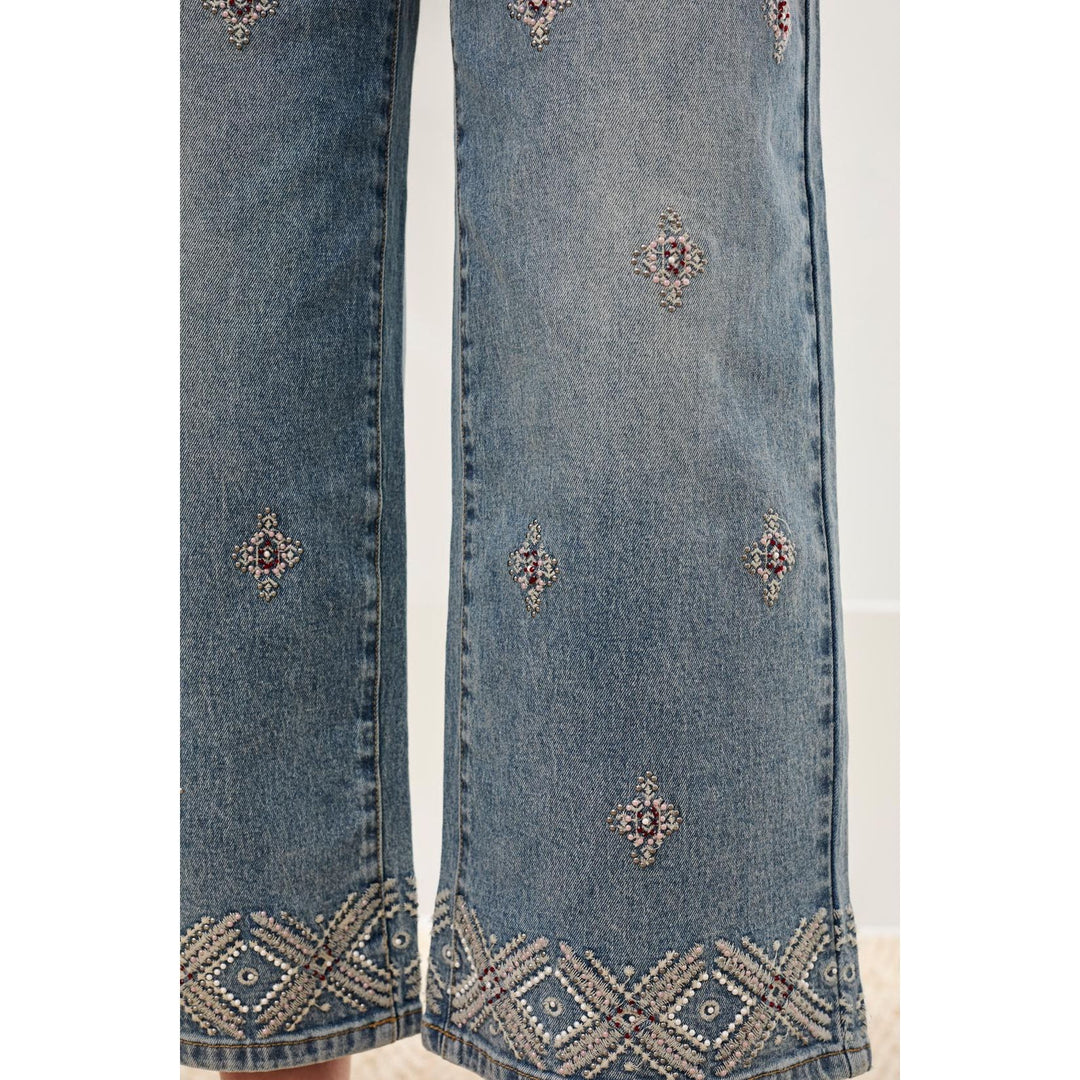 Audrey Hugging Wide Leg Denim With Embroidered Finish