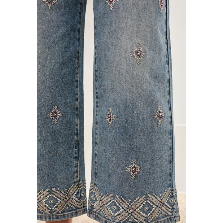 Audrey Hugging Wide Leg Denim With Embroidered Finish