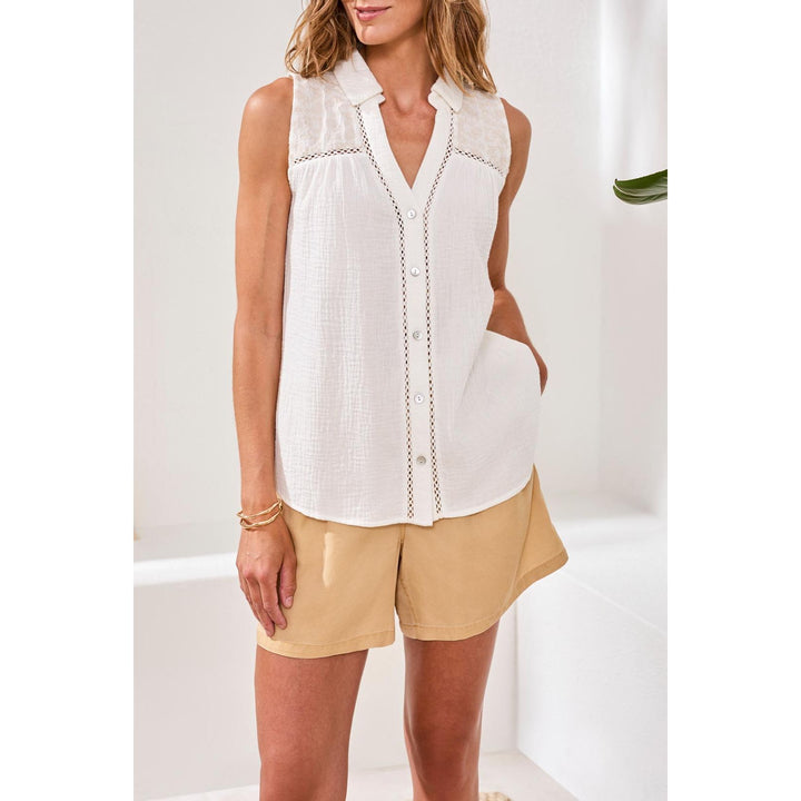 Crinkle Gauze Embroidered Lace Trim Sleeveless Blouse
