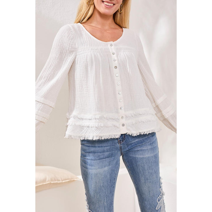 Crinkle Gauze Button-Front Balloon Sleeve Frayed Hem Blouse