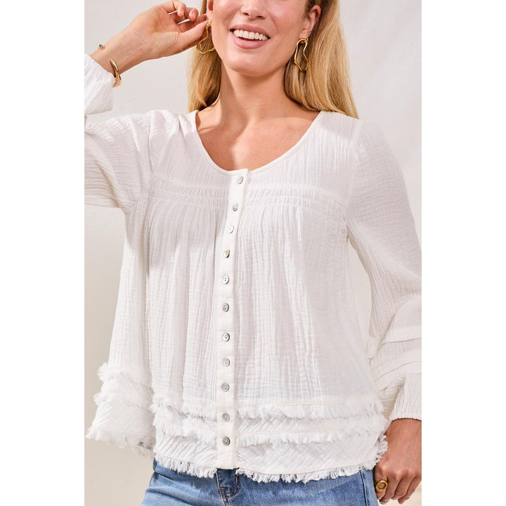 Crinkle Gauze Button-Front Balloon Sleeve Frayed Hem Blouse