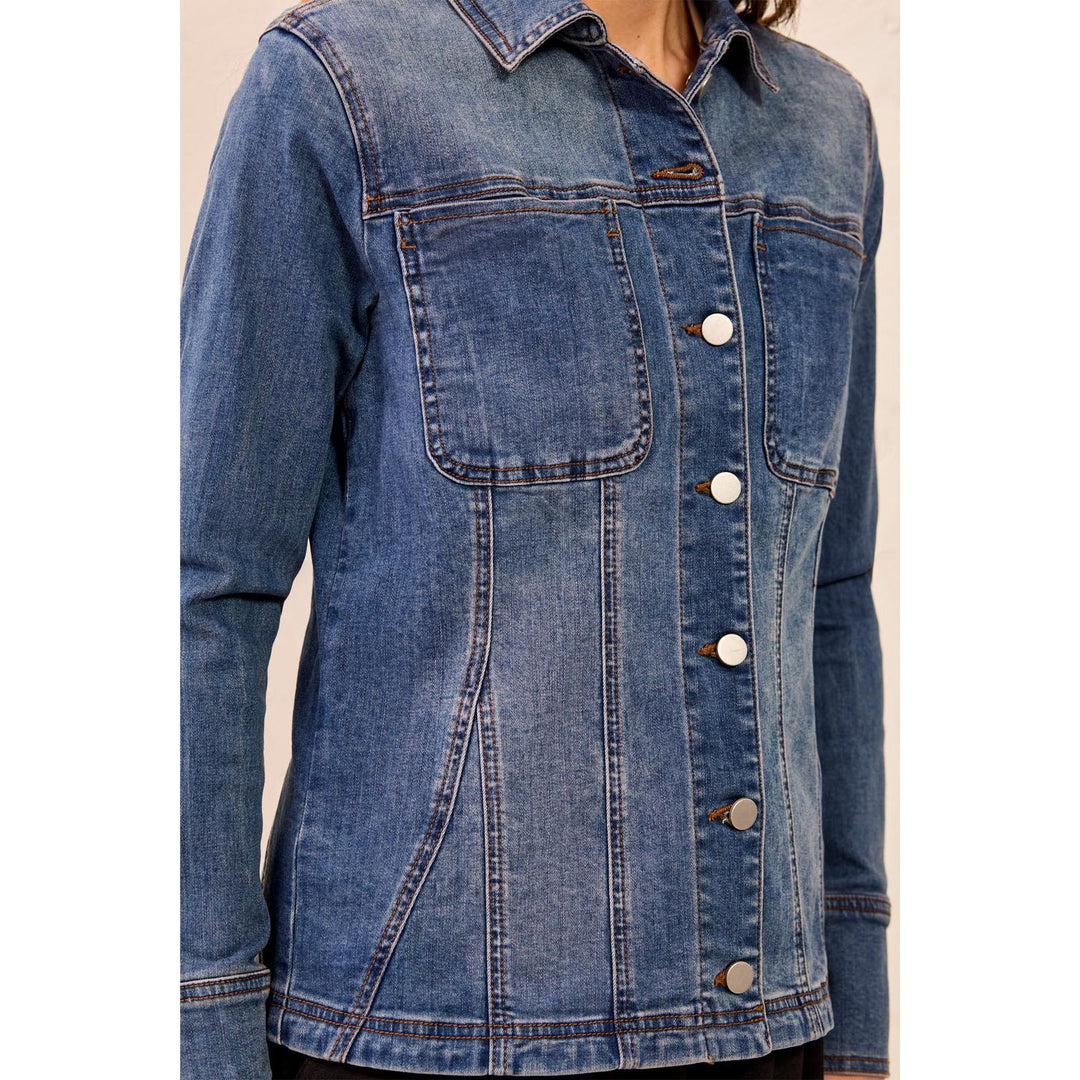 Embroidered Button Front Fitted Denim Jacket