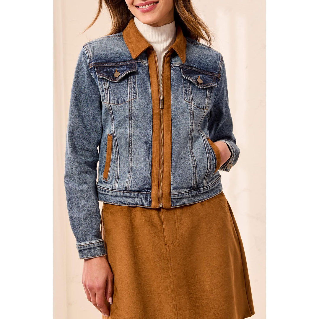 Zip Front Denim Jacket w/ Suede Trim