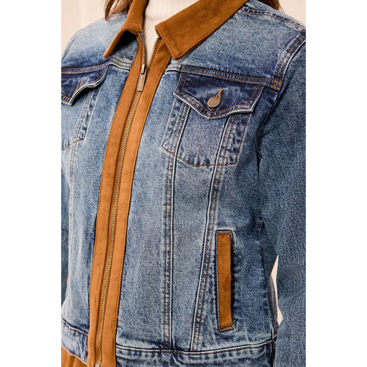Zip Front Denim Jacket w/ Suede Trim