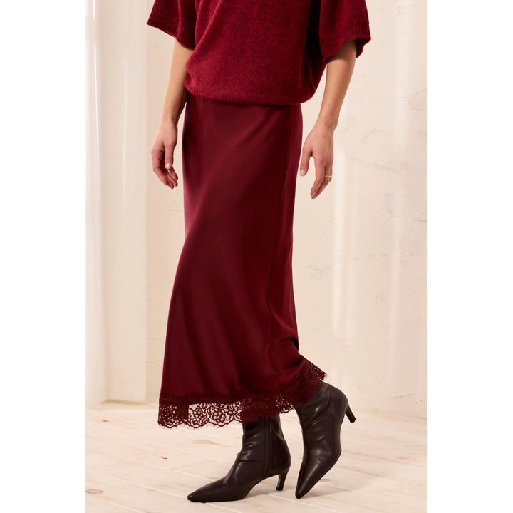 Satin Effect Midi Skirt w/ Lace Trim Hem