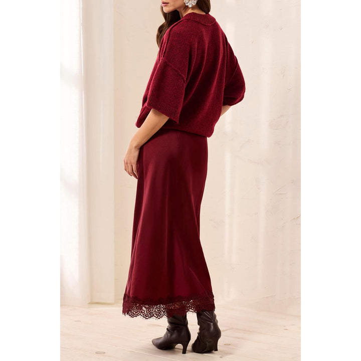 Satin Effect Midi Skirt w/ Lace Trim Hem