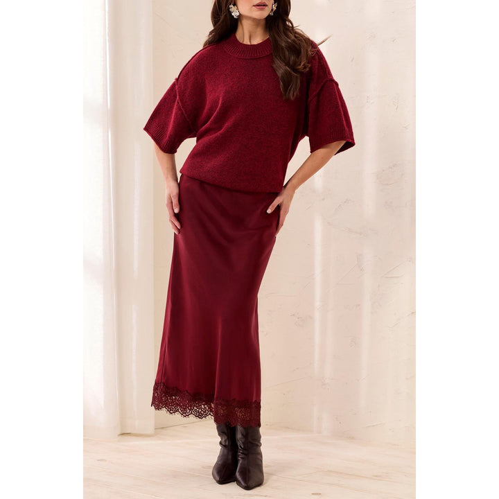 Satin Effect Midi Skirt w/ Lace Trim Hem