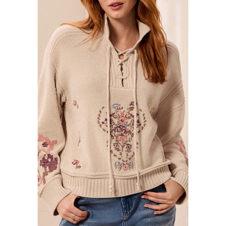 Soft Lace-Up Knit Sweater w/ Floral Embroidery