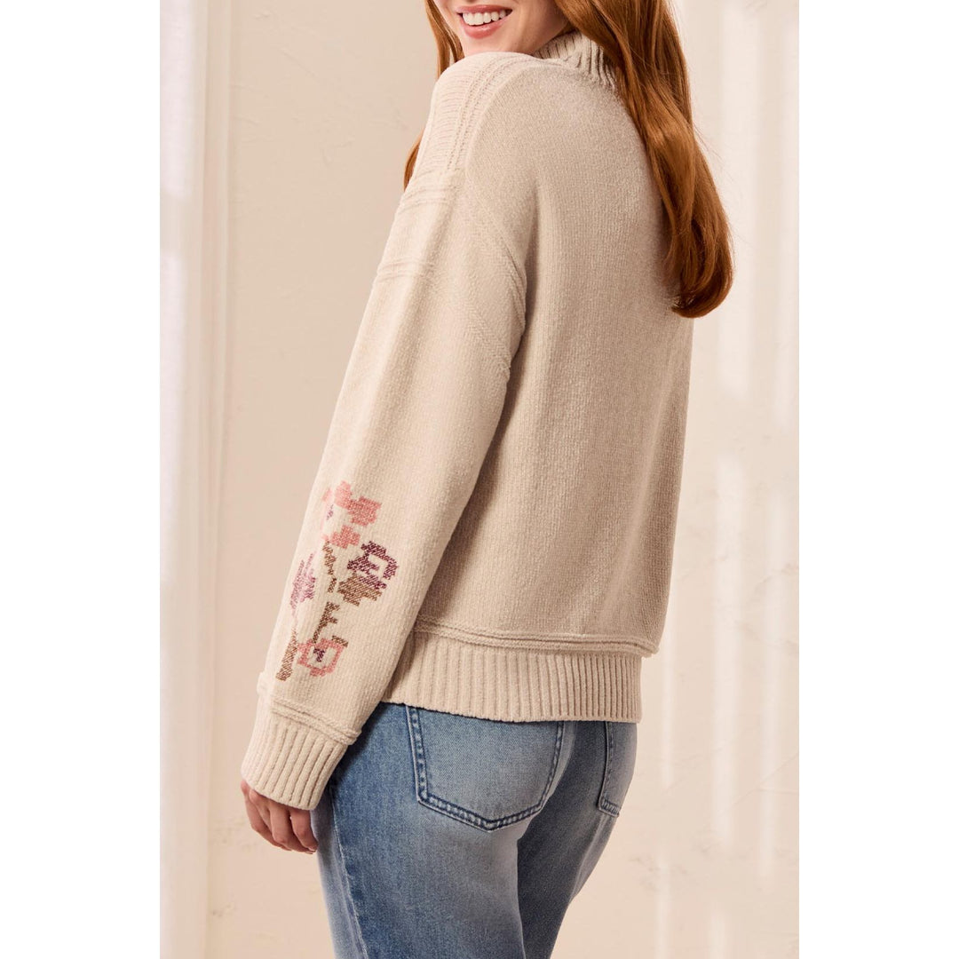 Soft Lace-Up Knit Sweater w/ Floral Embroidery