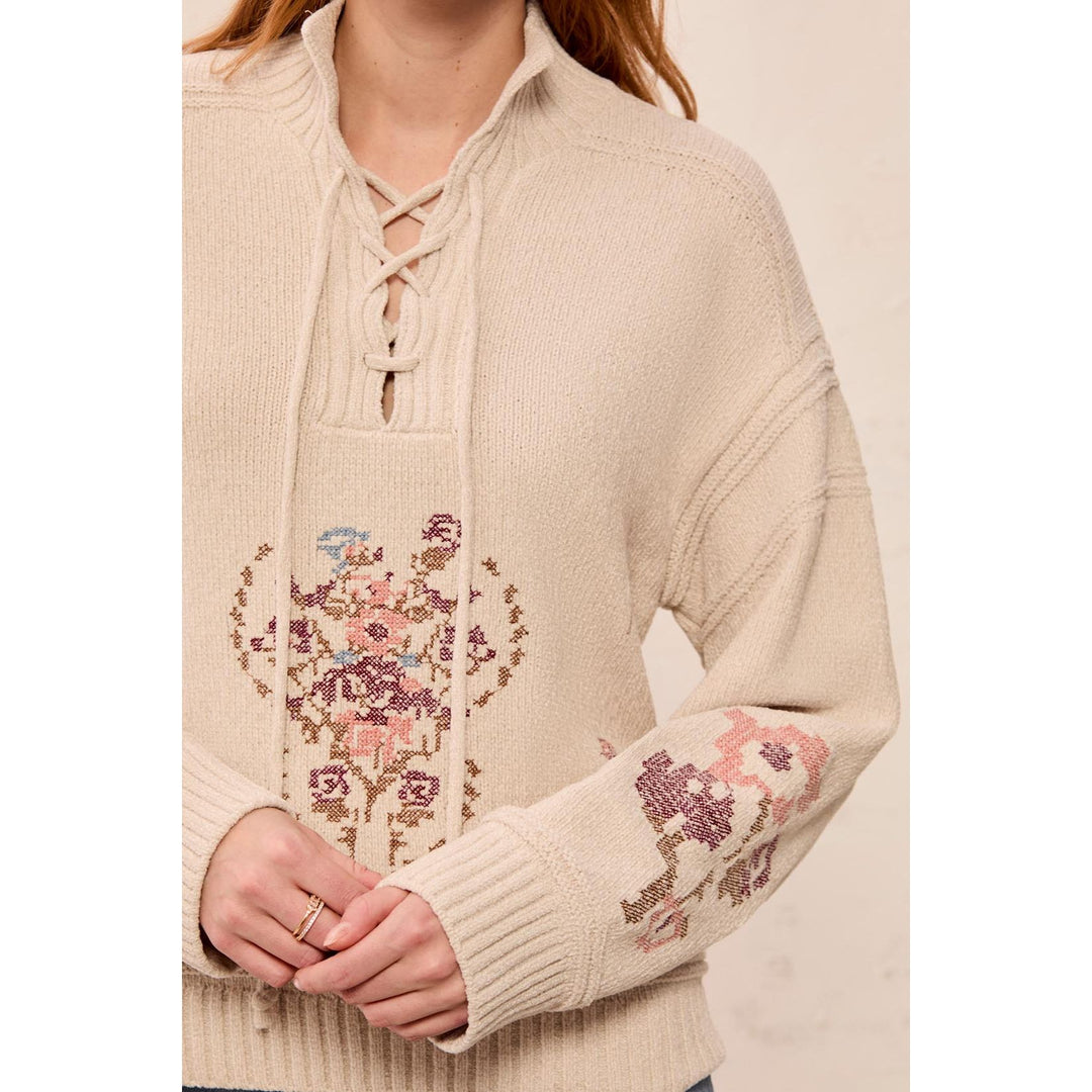 Soft Lace-Up Knit Sweater w/ Floral Embroidery