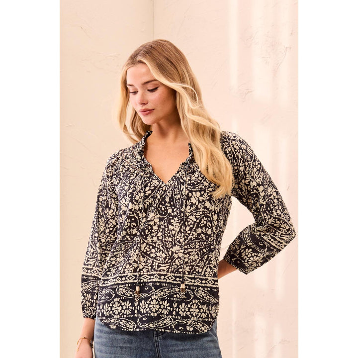 Floral Smocked Neck Tassel-Tie Long Puff Sleeve Blouse