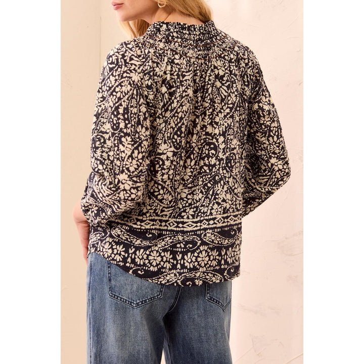 Floral Smocked Neck Tassel-Tie Long Puff Sleeve Blouse